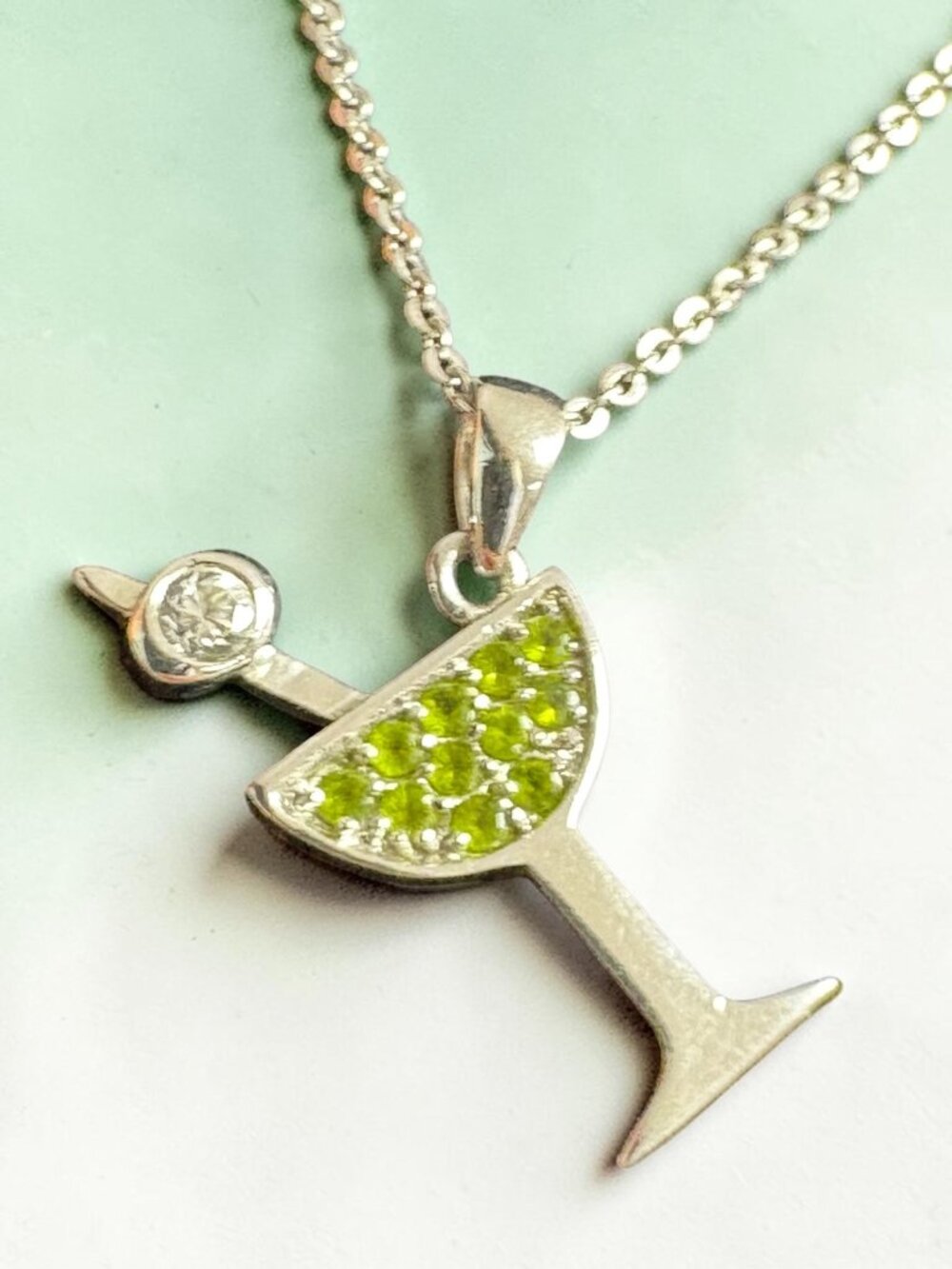 925 Sterling Silver Peridot CZ Martini Pendant 16" Necklace